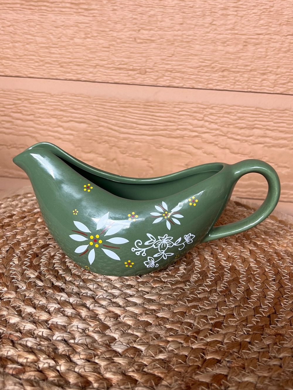 Temptations Hand Painted Ceramic Gravy Boat Dark Green 8" Length